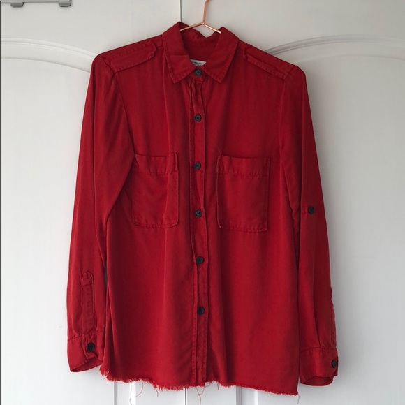 Zara bright red rayon slub button down. Size M - Picture 6 of 7